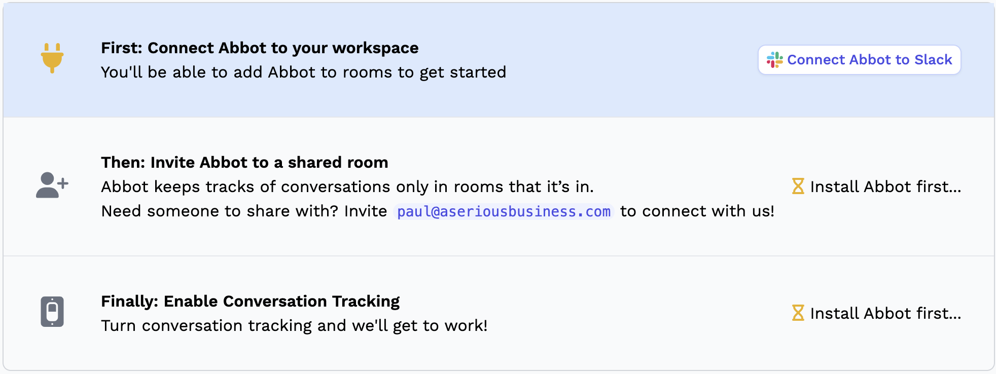 A screenshot from the Abbot application instructing users how to add Abbot to their Slack workspace.