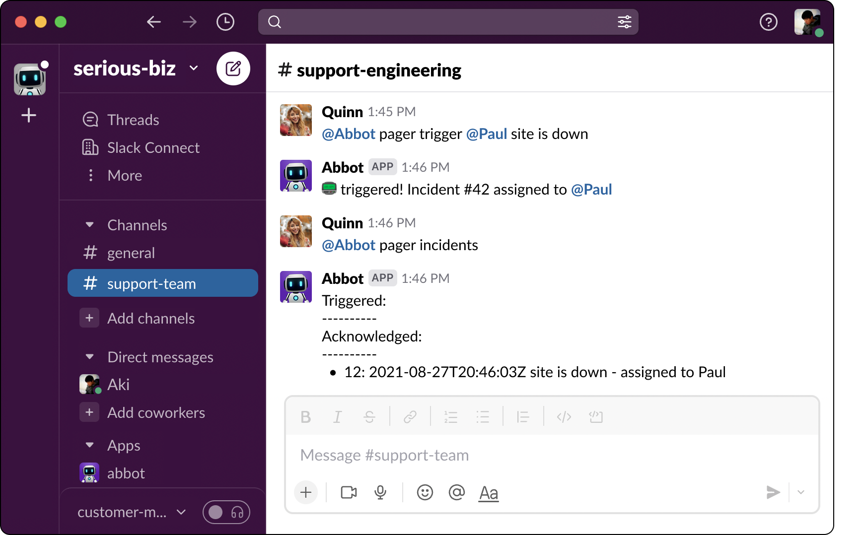 A screenshot of Slack showing someone using the PagerDuty skill with Abbot