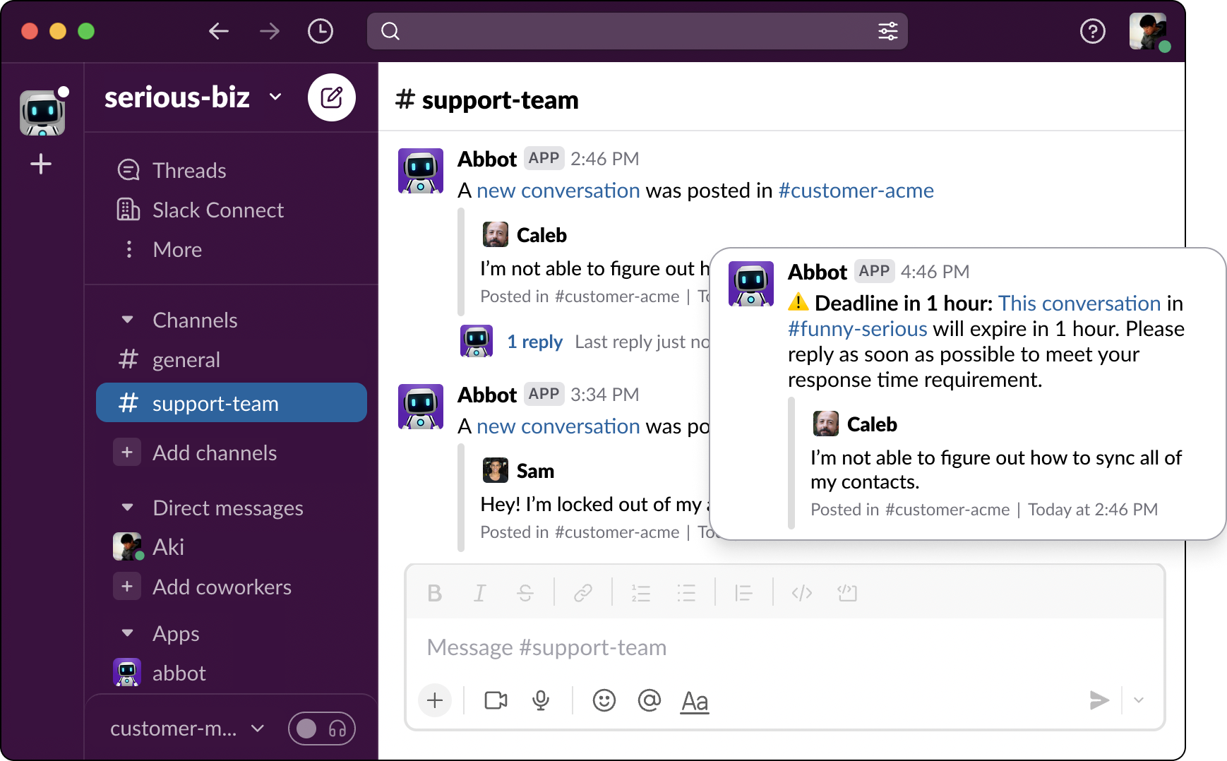 A screenshot of Slack with Abbot posting messages letting people know about new conversations and upcoming response deadlines