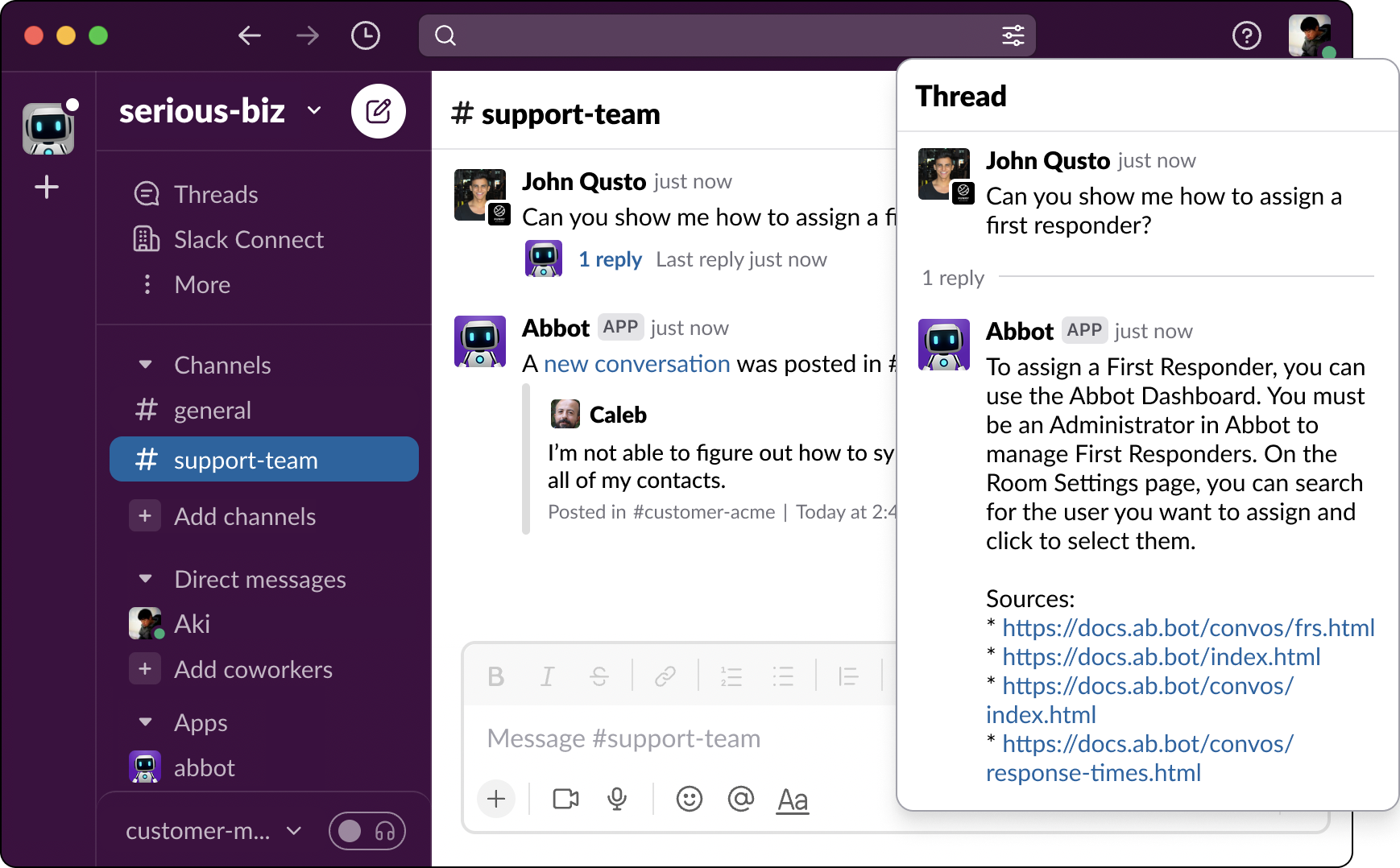 A screenshot of Slack with someone asking how to do something and Abbot responding with documentation and links for sources