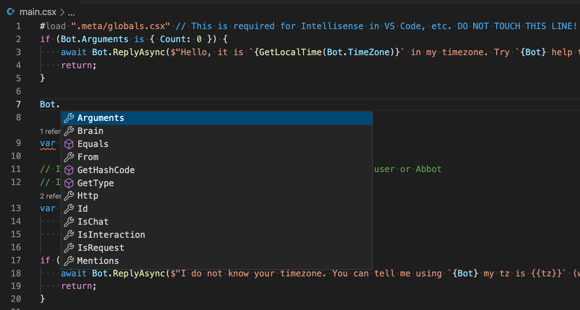 Screen shot of VS Code showing Intellisense for Bot