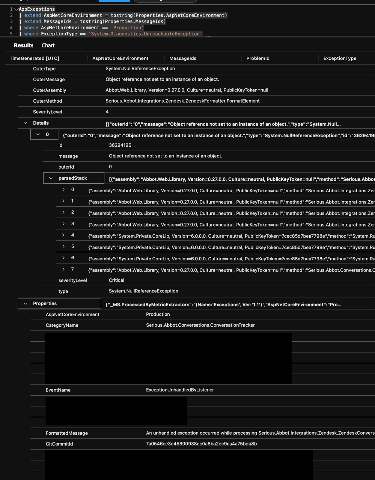 The results of the Azure Log Analytics query described above, including a stack trace for the exception and the GitCommitId property containing a Git commit hash.