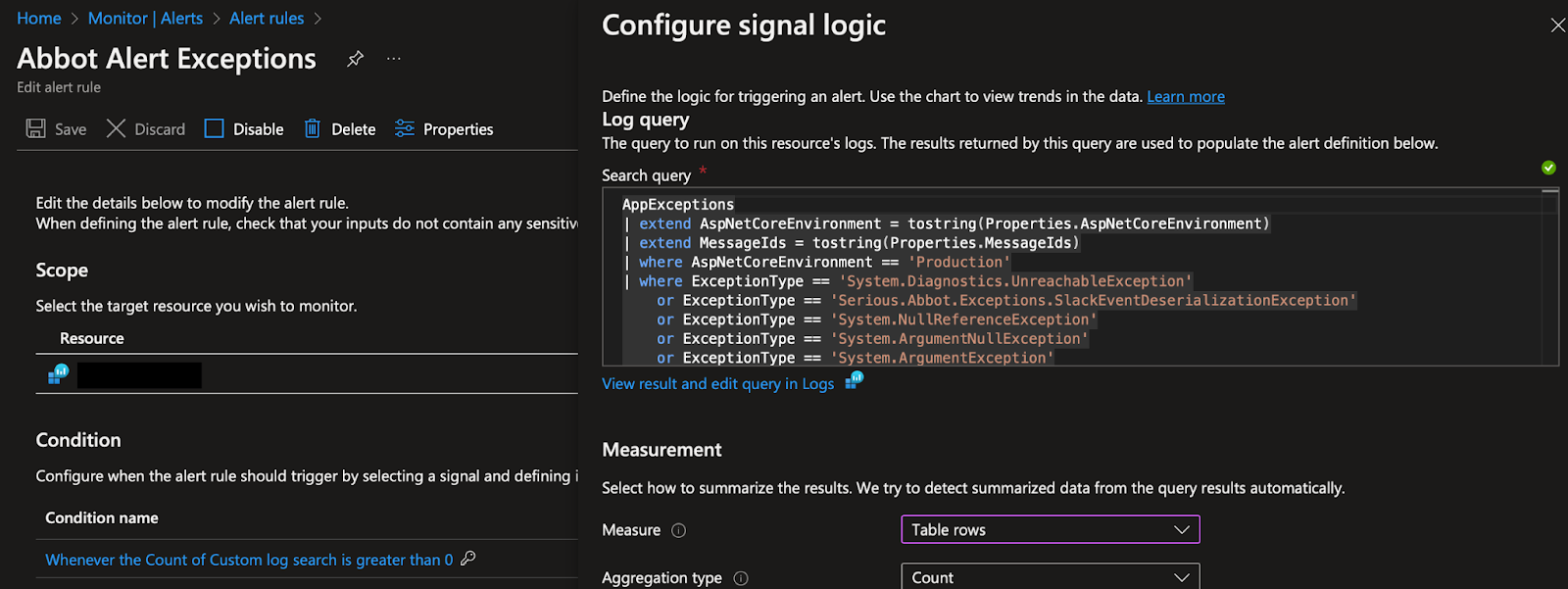 An Azure Alert Rule configuration that is running the query described in text shortly after the image.